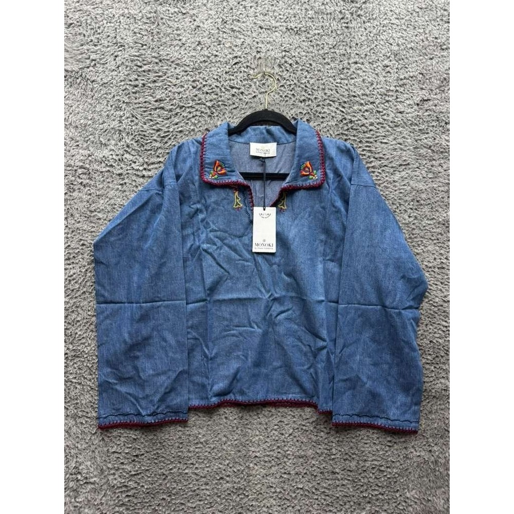 NWT Monoki by Diane Goldstein Poppy Embroidered Shirt Denim Blue Womens One Size